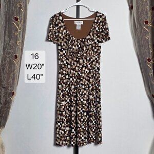 Danny & Nicole Dress Women's 16 Brown Geometric Square Print Scoop Neck Midi